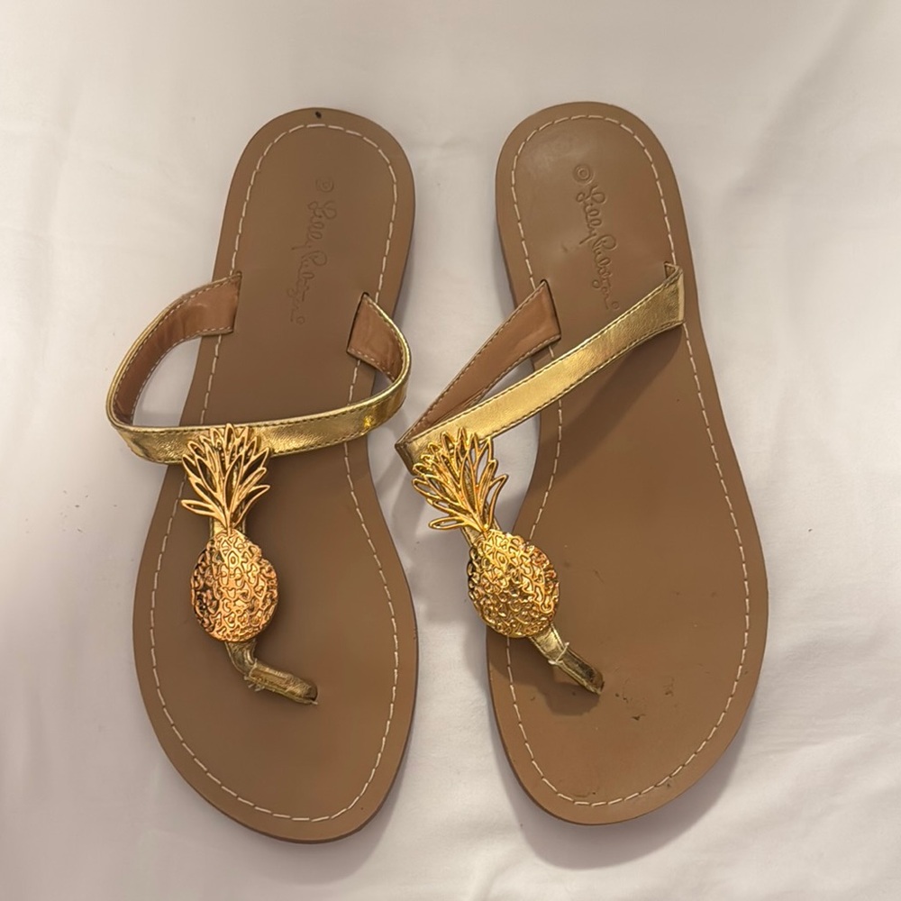 Lilly Pulitzer Gold and Brown T-Strap Sandals